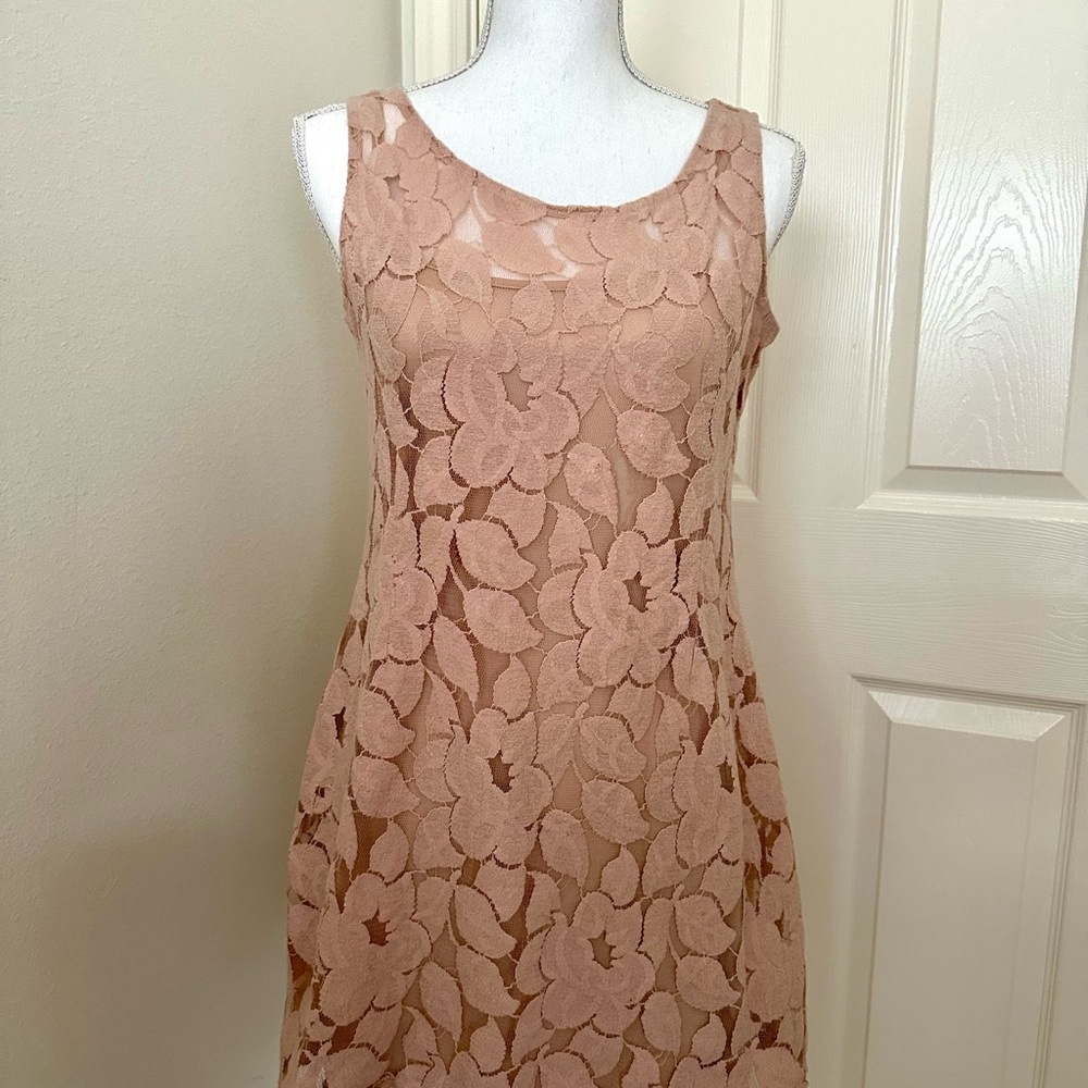 Maude Floral Lace Mini Dress in Tan